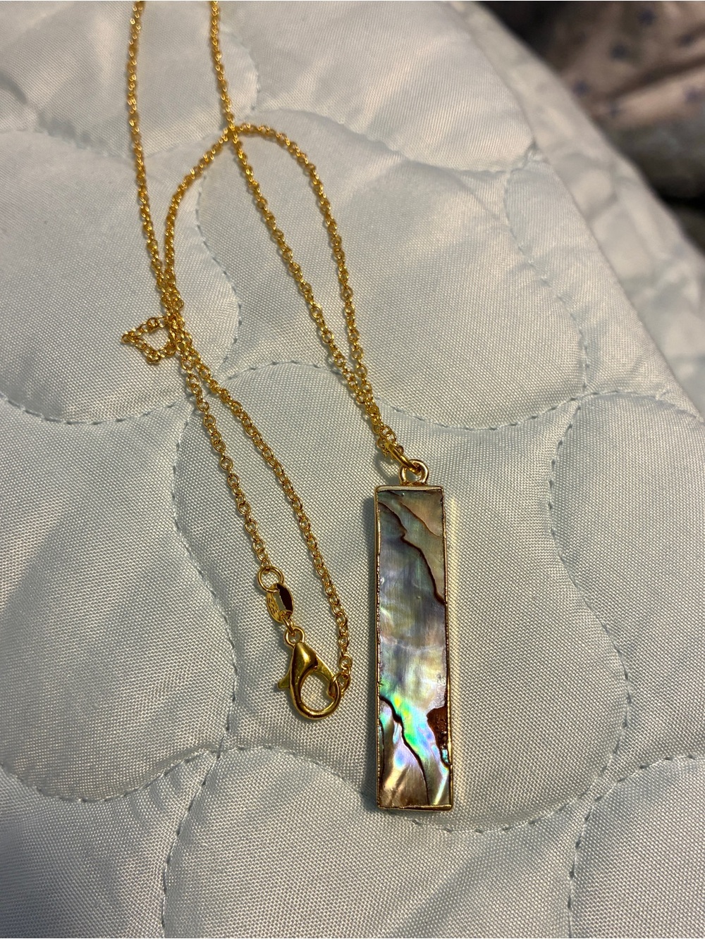 Iridescent Abalone Shell Bar Pendant on Gold Chain
